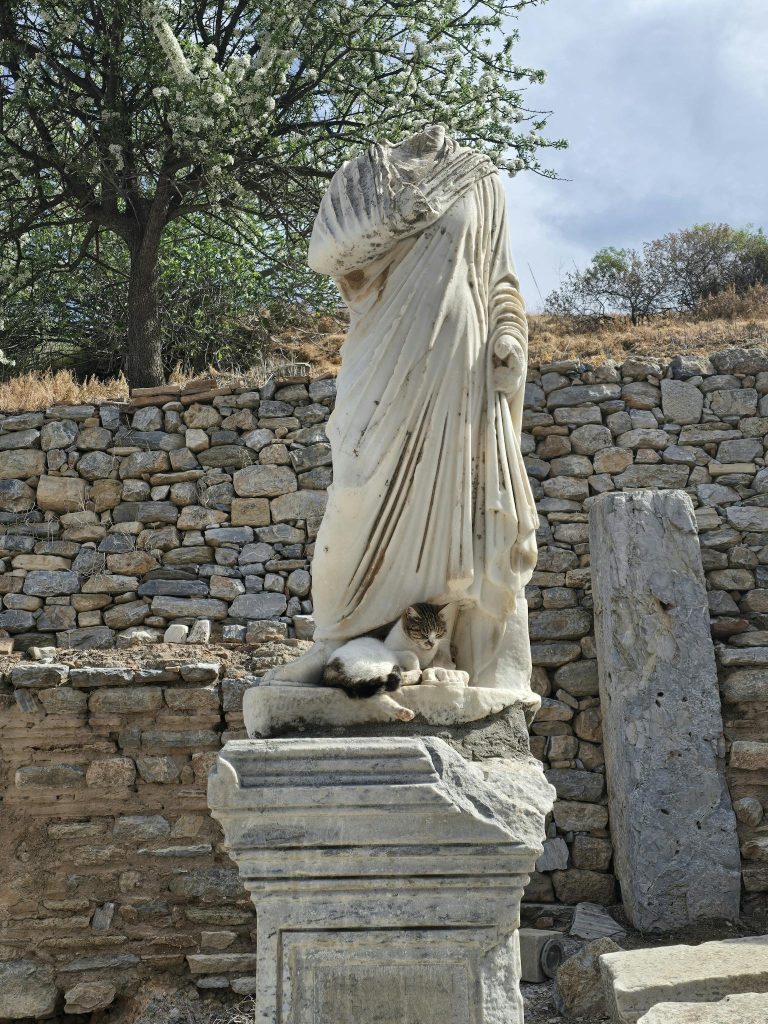 A headless ancient statue surrounded by ruins and resting cat in İzmir, Türkiye.