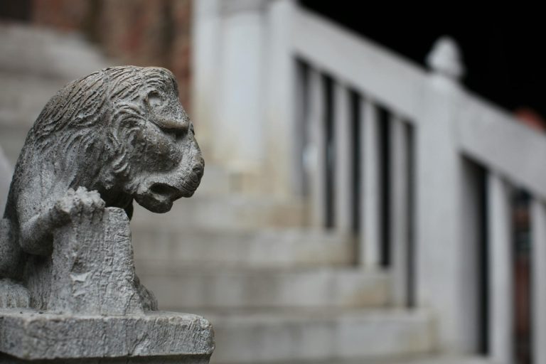 Close-up of an ancient stone lion sculpture on a staircase in Venice, Italy.